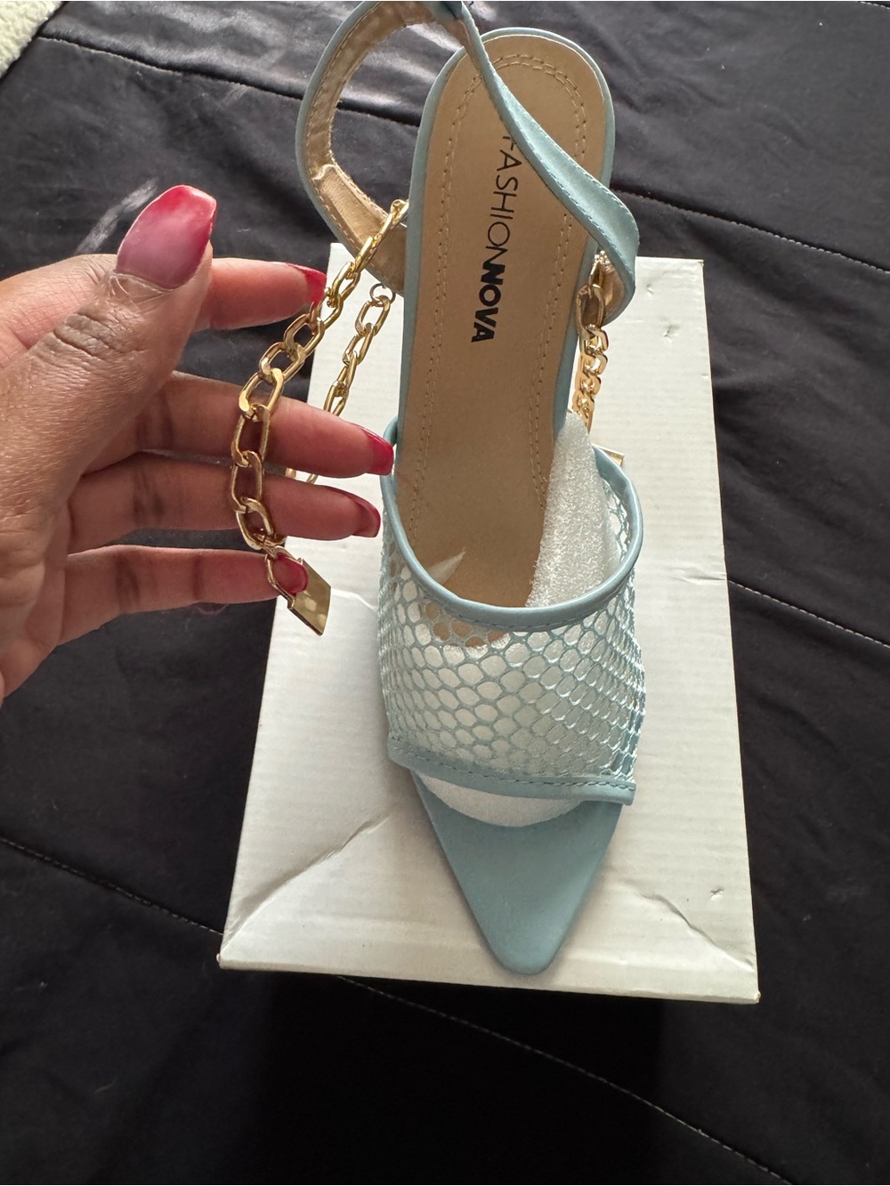 Fashion Nova Pale Blue Mesh Pointed-Toe Heels with Gold Chain